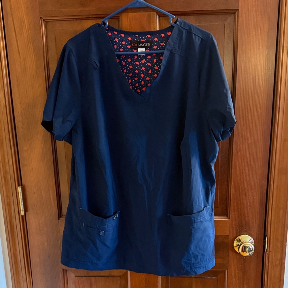 Koi Navy Blue Women's Top with Red and Black Accents